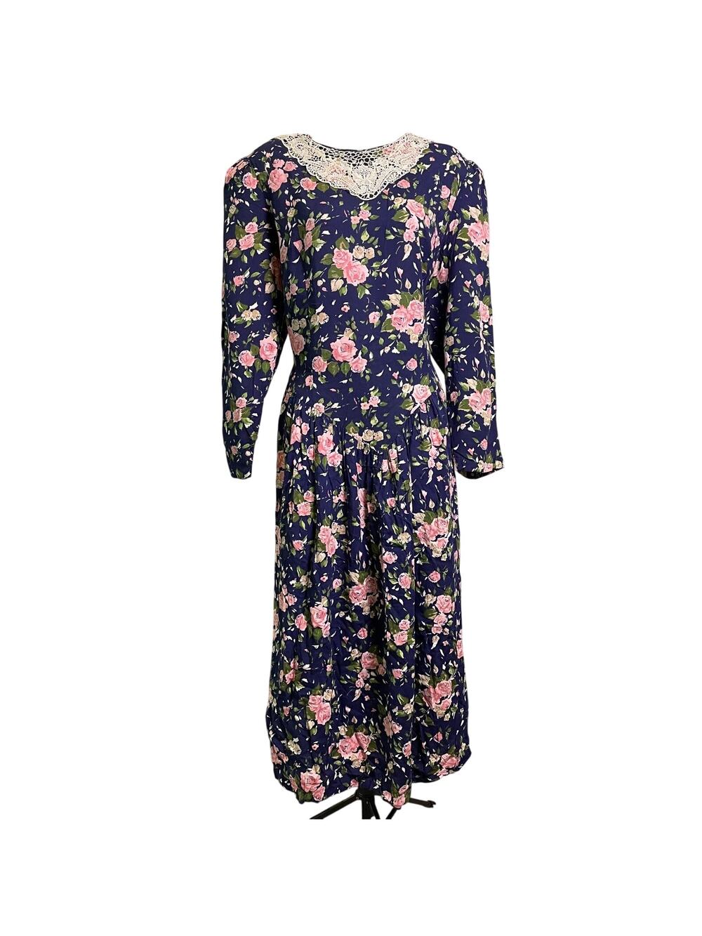 Vintage Betsys Things Prairie Dress Womens Large Floral Lace Neckline Romantic